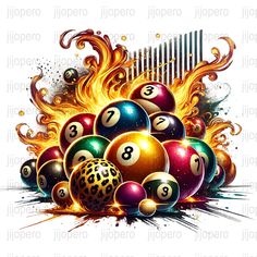 billiard balls with flames and numbers in the middle on a white background for an advertisement