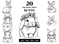 rabbits and bunnies with flowers on their heads, set of 20 hand drawn illustrations