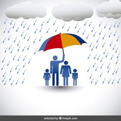 people under an umbrella in the rain, surrounded by clouds and raindrops on a gray background