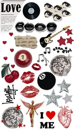 an assortment of stickers that include music instruments, hearts, stars and other items