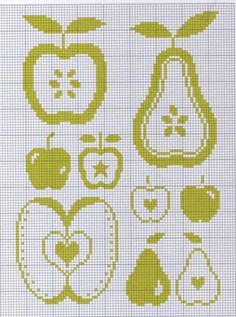 the cross stitch pattern shows an apple, pears and other fruit items in green