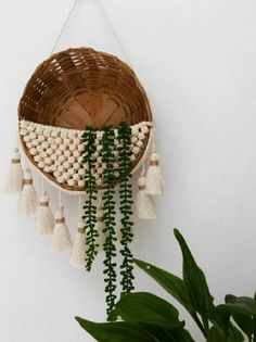 a basket hanging on the wall with tassels and plants in front of it