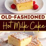 old - fashioned hot milk cake with raspberries and powdered sugar on top