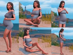 the pregnant woman is sitting on the beach posing for pictures in her gray dress and heels