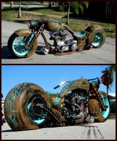 two pictures of a custom motorcycle with blue flames on the front and back wheels, one is