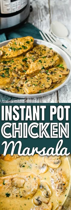 an instant pot chicken masala is shown in the foreground and on the background