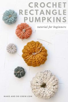 crochet rectangle pumpkins are shown in different colors and sizes, with the title