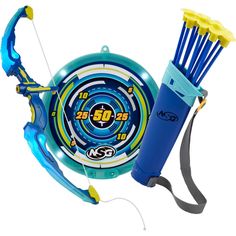 a toy archery set with arrows and an arrow in the center, on a white background