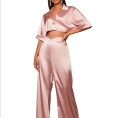 Light Pink Satin Crop And Pant Set. Never Worn Elegant Two-piece Bottoms For Spring, Satin Bottoms For Summer Date Night, Satin Bottoms For Date Night In Summer, Spring Evening Cropped Bottoms, Spring Evening Sets With High-waisted Pants, Chic Satin Summer Sets, Chic Summer Satin Sets, Chic Solid Color Pant Set For Party, High Waist Satin Wide Leg Pants For Spring