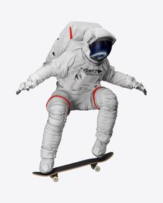 an astronaut on a skateboard in the air with his arms out and feet apart