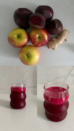 there are three different shots of fruit juice