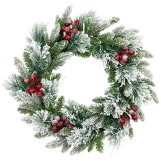 a christmas wreath with red berries and evergreen leaves on white snow covered branches in front of a white background