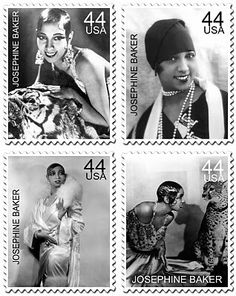 four postage stamps with women in different outfits and hair styles, all showing the same woman's face