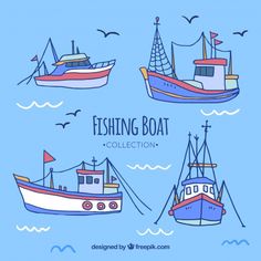 four fishing boats in different colors