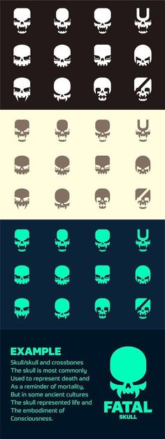 an info sheet showing the different types of skulls in various colors and sizes, with text below