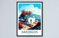 an image of a poster with the words amorogos on it and a church in the background