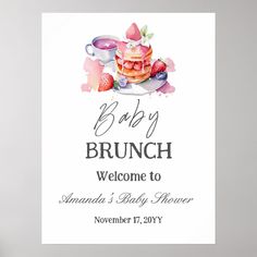 a baby brunch welcome sign is displayed on a white background with pink flowers