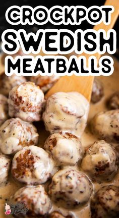 crockpot swedish meatballs in a skillet with a wooden spoon