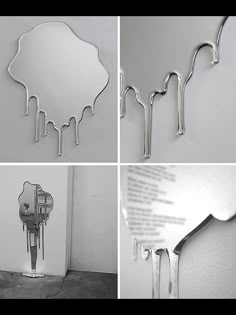 four different views of a mirror with dripping paint on it, and the reflection of an object in the mirror