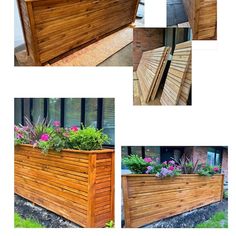 several different pictures of a wooden planter box with flowers in it and plants growing out of the top