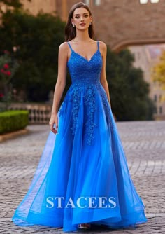 [$192.00] A-line Princess V Neck Sweep Train Tulle Prom Dress with Appliqued Beading A Line Prom Dresses Long, Stacees Prom Dresses, Prom Dresses Poofy, Fashion Activation, Blue Grad Dresses, School Outfits Fall, Disney Prom, Cotillion Dresses, Prom Dresses A Line