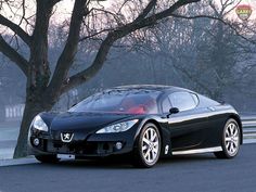 a black sports car parked in front of a tree