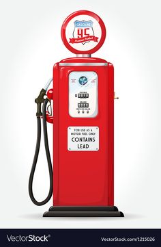 an old fashioned red gas pump with nozzles on the front and side view