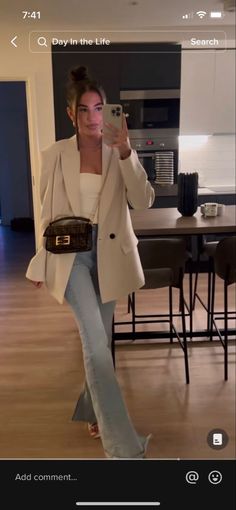 Blazer With Straight Leg Jeans, Blazer Jeans Heels Outfit, Casual Tan Blazer Outfits, White Heels And Jeans Outfit, Cream Suit Outfit For Women, Suit And Jeans Women, Heels And Blazer Outfits, Jean And White Top Outfit Classy, Flared Jeans And Blazer Outfit