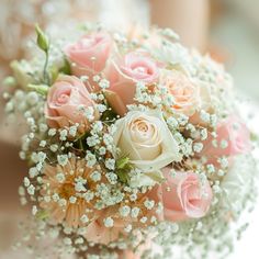 a bridal bouquet with baby's breath and baby's breath in it