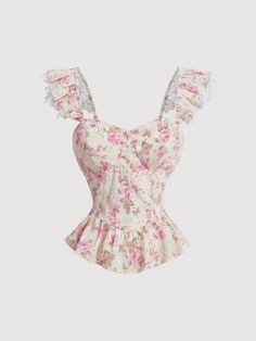 Pink Boho Collar Sleeveless Woven Fabric Floral,Plants,All Over Print  Embellished Non-Stretch  Women Clothing Pink Floral Corset, Chic Romper, Floral Lace Shorts, Stylish Summer Outfits, Kawaii Fashion Outfits, Lace Short, Causual Outfits, Pink Boho, Fashion Attire