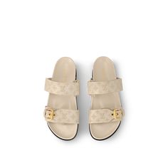 LOUIS VUITTON® - Bom Dia Flat Comfort Mule - Beige Clair Louie Vuitton, Louis Vuitton Official Website, Trunk Bag, Aesthetic Shoes, Shoe Boot Sandals, Louis Vuitton Official, Buckle Shoes, Silver Jewelry Fashion, Monogram Bag