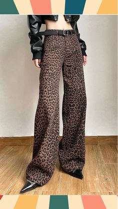 Y2K High Waist Brown Jeans with Hip Hop Streetwear Print Straight Fashion, Wide Leg Pants Women, Junior Pants, Vintage Leopard, Oversized Streetwear, Pants Casual, Crop Top Blouse, Pants Women, Streetwear Women