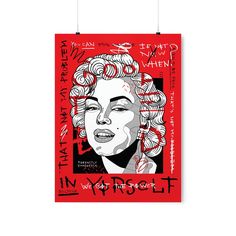 a red poster with the words marilyn monroe written on it and an image of a woman's face