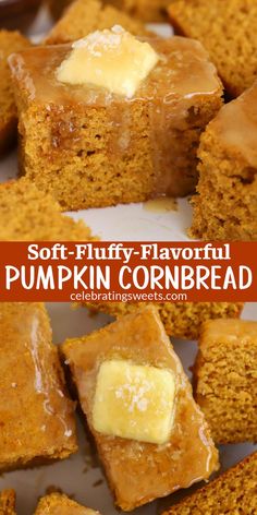 Front and overhead view of pumpkin cornbread bars Pumpkin Cornbread, Soup Chili, Pumpkin Recipes Dessert, Pumpkin Bread Recipe, Holiday Meal, Corn Bread Recipe, Bread Recipes Sweet, Homemade Pumpkin, Pumpkin Dessert