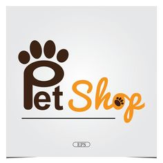 the pet shop logo has an orange paw on it and brown lettering that reads petshop