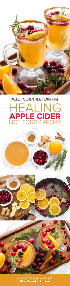 the recipe for an apple cider is shown in three different pictures, including oranges and