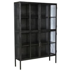 a black bookcase with glass doors on the front and bottom shelves, against a white background