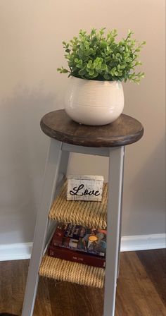 a potted plant sitting on top of a wooden table next to a stack of books