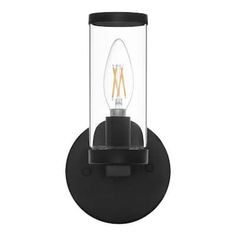 a black wall light with a bulb on it