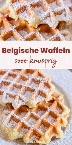 waffles with powdered sugar on top and the words belgieshe wafflen