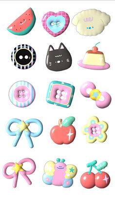 a bunch of different types of buttons on a white background with the words hello kitty written below them