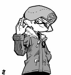 an ink drawing of a boy in uniform talking on a cell phone while wearing a hat and glasses