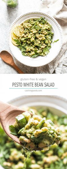 pesto white bean salad in a bowl with a wooden spoon on the side and an image of broccoli sprouts