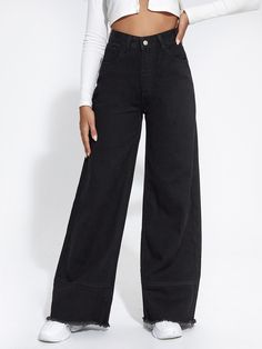 Preto  Collar  Jeans Simples Perna Larga Embellished Não elástico Metallic Jeans, Jeans High Waist, Trousers Jeans, Loose Trousers, Denim Patterns, Cardigan Sweater Dress, Blazer And Shorts, Pantalon Large