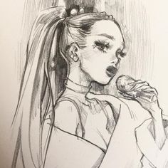 a drawing of a woman with long hair and ponytails holding a microphone in her hand