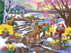 a painting of deer in the snow with mailboxes and flowers on it's side