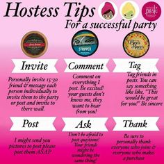 a pink and white poster with words that say hostess tips for a successful party