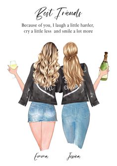 two girls with blonde hair are holding wine bottles and looking at each other while the caption reads best friends because of you, laugh