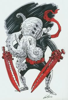 a drawing of an elephant holding two swords