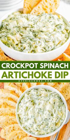 An easy New Year appetizer in the slow cooker! Your game day menu must have this artichoke spinach dip, too. Deliciously creamy and cheesy, this Crockpot Spinach Artichoke Dip is the BEST. Save this pin!